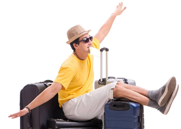 Feliz joven que va de vacaciones de verano aislado en blanco — Foto de Stock