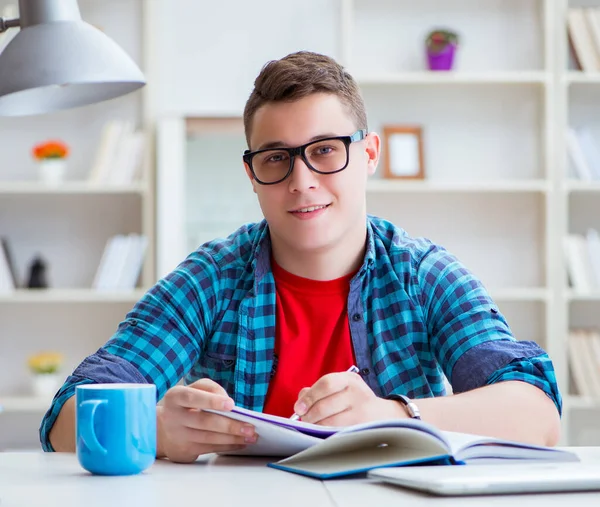 Jovem adolescente se preparando para exames estudando em uma mesa dentro de casa — Fotografia de Stock