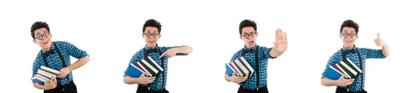 Grappige student met stapel boeken — Stockfoto