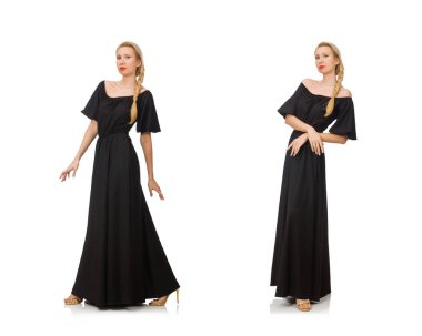 Uzun boylu, siyah elbiseli, beyaz tenli bir kadın.