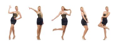 Askısız, zarif elbiseler içinde beyaz izoza sahip bir model.