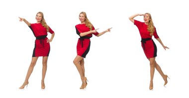 Kırmızı elbiseli güzel bayan beyazda soyutlanmış.