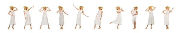 Hosszú nyári ruha és kalap elszigetelt fehér nő — Stock Fotó