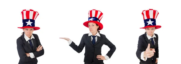 Fiatal nő amerikai szimbólumokkal fehér — Stock Fotó