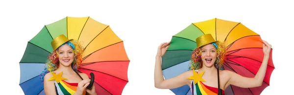 Femme avec parapluie coloré sur blanc — Photo
