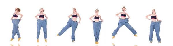 Donna con grandi jeans nel concetto di dieta — Foto Stock