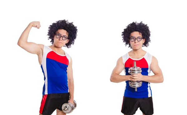 Hombre divertido haciendo ejercicio con pesas — Foto de Stock