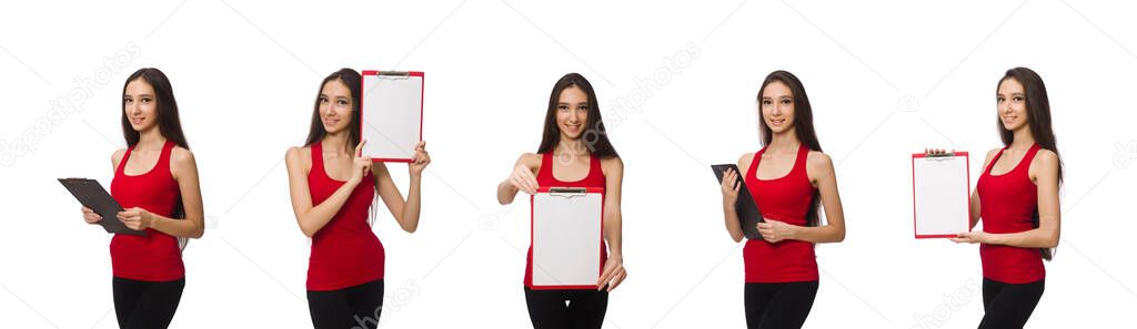 Woman with paper pad isolated on white — Stock Image Woman with paper pad isolated on white Stock Photo