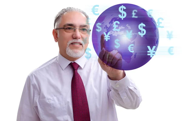 Global money transfer and exchange concept with businessman — Stock Photo, Image