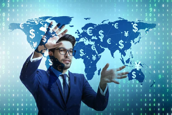 Global money transfer and exchange concept met zakenman — Stockfoto