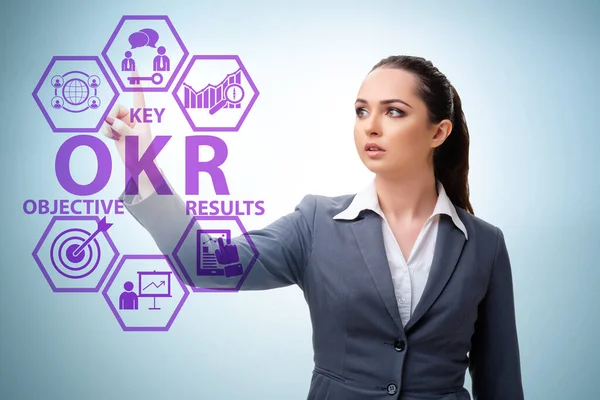 Concepto OKR con resultados clave objetivos y empresaria —  Fotos de Stock