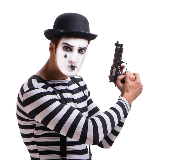 Mime with handgun isolated on white background — Stock Photo, Image