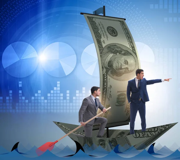 Zakenman roeien op dollarboot in business financieel concept — Stockfoto