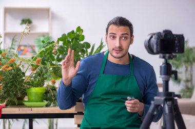 Evin içinde bitkileri olan genç bir erkek bahçıvan.