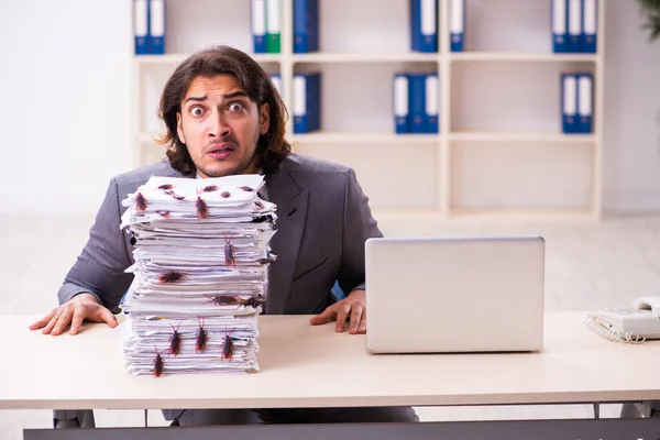 Junge männliche Angestellte und zu viele Kakerlaken im Büro — Stockfoto