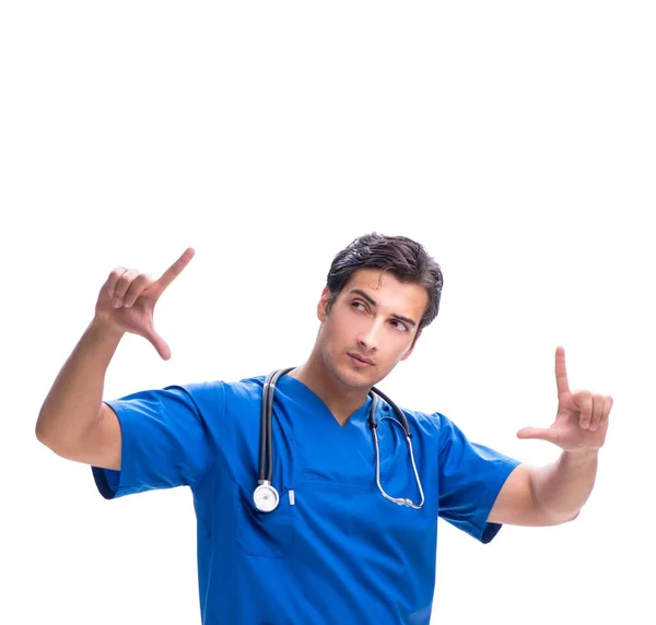 Fiatal férfi orvos nyomja gombok izolált fehér — Stock Fotó