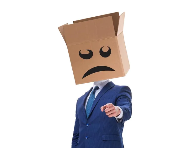 Affärsman med låda och olyckligt ansikte — Stockfoto