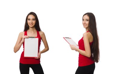 Kağıt bloknotu olan kadın beyazda yalnız.