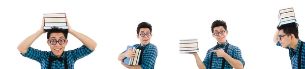 Lustiger Student mit Bücherstapel — Stockfoto