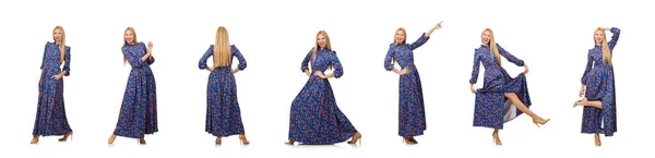 Молода жінка в синій квітковій сукні ізольована на білому — стокове фото