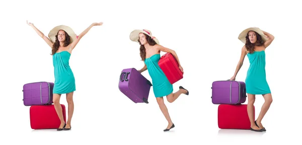 Žena cestovatel s kufrem izolované na bílém — Stock fotografie
