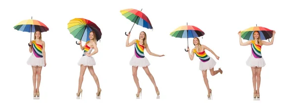 Kobieta z kolorowym parasolem na białym — Zdjęcie stockowe