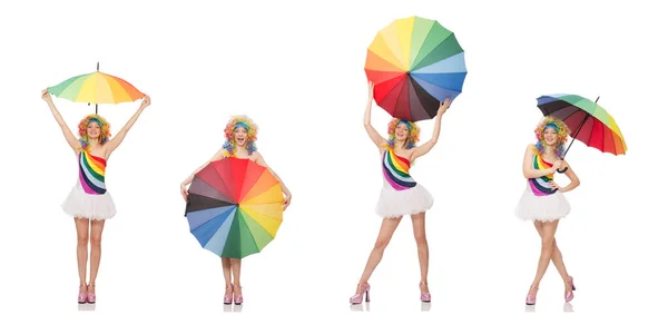 Woman with colorful umbrella on white — Stock Photo, Image