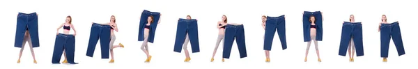 Жінка з великими джинсами в концепції дієти — стокове фото