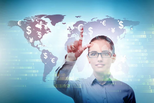 Global money transfer and exchange concept with businesswoman — Stock Photo, Image