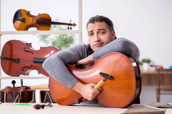 Jovem reparador do sexo masculino reparar violoncelo — Fotografia de Stock