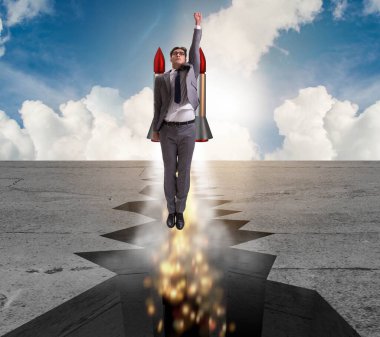 İş adamı roketle kaya boşluğundan uçuyor