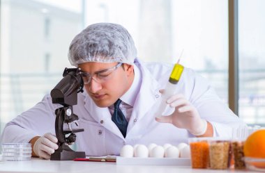 Beslenme uzmanı gıda ürünlerini laboratuvarda test ediyor.