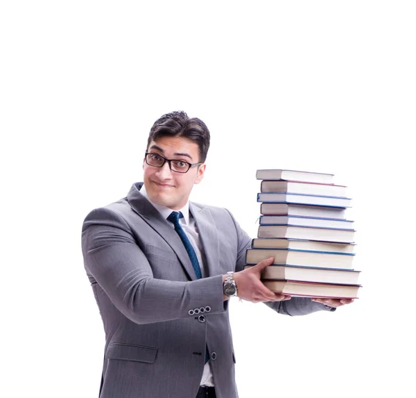 Studente uomo d'affari che trasporta tenendo mucchio di libri isolati su w — Foto Stock