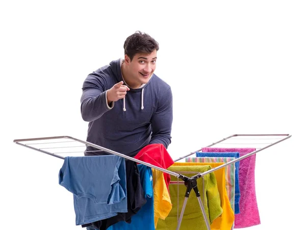 The husband man doing laundry isolated on white — Stock Photo, Image