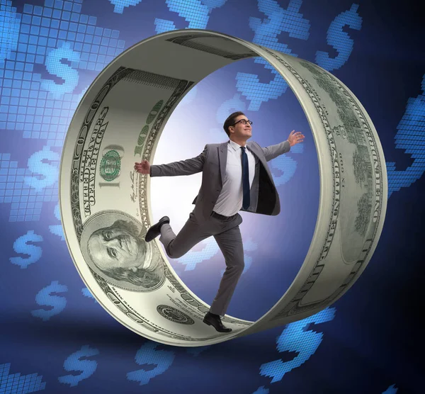 The businessman in hamster wheel chasing dollars — Stock Photo, Image