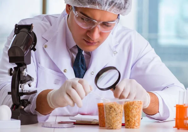 Besin uzmanı gıda ürünlerini laboratuarda test ediyor.