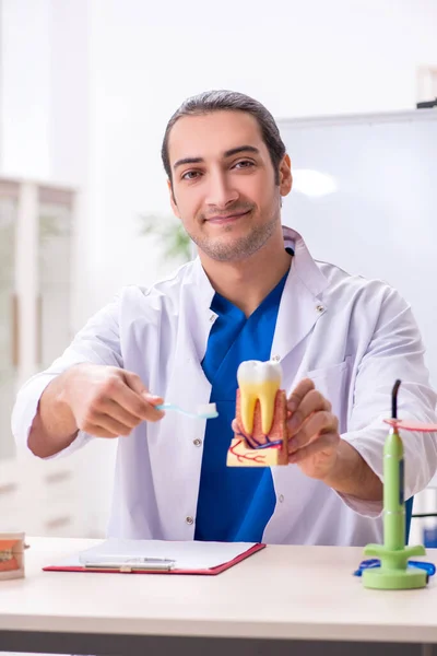 Jovem dentista do sexo masculino que trabalha na clínica — Fotografia de Stock