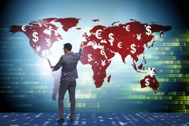 İş adamıyla küresel para transferi ve döviz konsepti