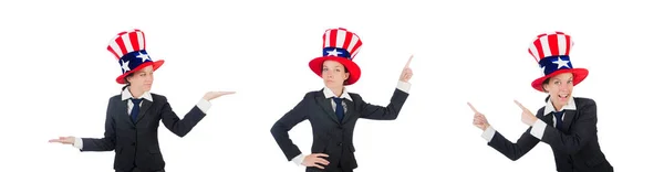 Beyaz üzerinde Amerikan sembolleri olan genç bir kadın. — Stok fotoğraf