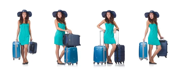 Meisje met koffers geïsoleerd op wit — Stockfoto