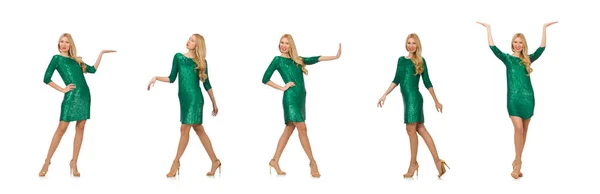 Blonde Haare Mädchen in funkelndem grünen Kleid isoliert auf weiß — Stockfoto