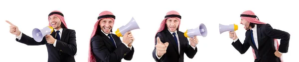 Araber brüllen mit Lautsprecher isoliert auf weiß — Stockfoto