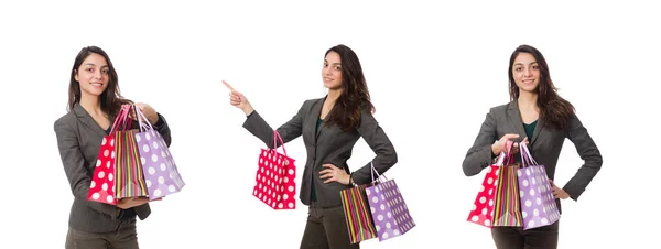 Mujer atractiva con bolsas aisladas en blanco — Foto de Stock