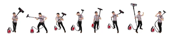 Funny man with vacuum cleaner on white — Stock Photo, Image