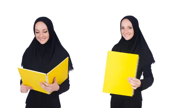 Young muslim student with books on white — Stock Photo, Image