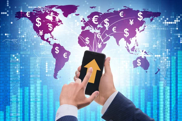 Global money transfer and exchange concept with businessman — Stock Photo, Image