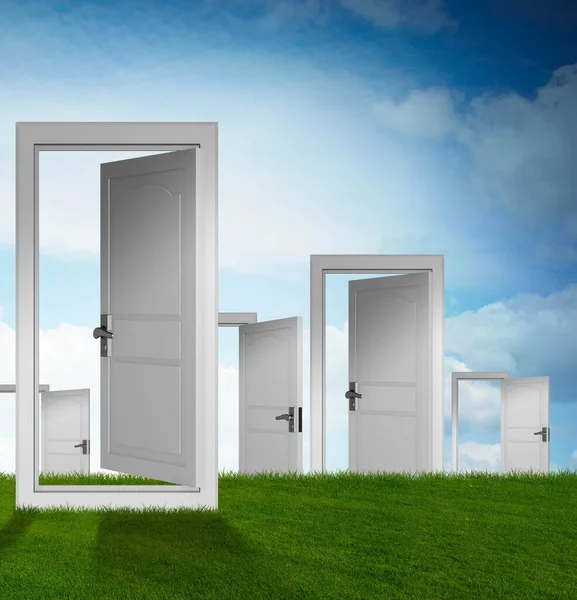 Begreppet val med många dörrar möjlighet - 3D-rendering — Stockfoto