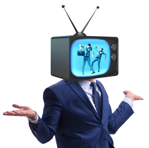 Man met televisie hoofd in tv verslaving concept — Stockfoto