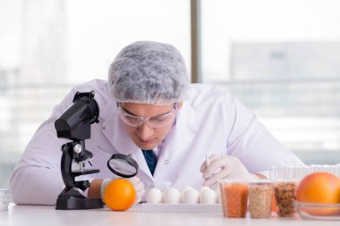 Besin uzmanı gıda ürünlerini laboratuarda test ediyor.