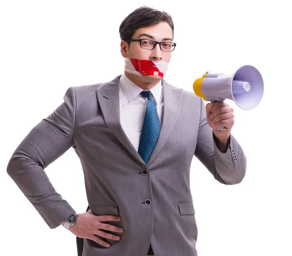 Empresário engraçado com alto-falante isolado em branco — Fotografia de Stock